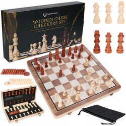 Gra logiczna, szachy drewniane, magnetyczne + warcaby 2w1