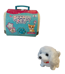 Interaktywny piesek w zestawie z akcesoriami fryzjerskimi transporter