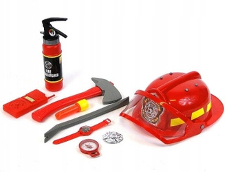 ZESTAW STRAŻAK kask z szybką gaśnica latarka łom toporek odznaka
