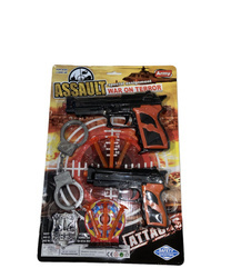 Komplet dwóch pistoletów z sześcioma strzałkami i parą kajdanek