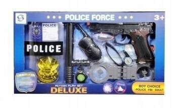 Zestaw policyjny pistolet, kajdanki, odznaka i inne